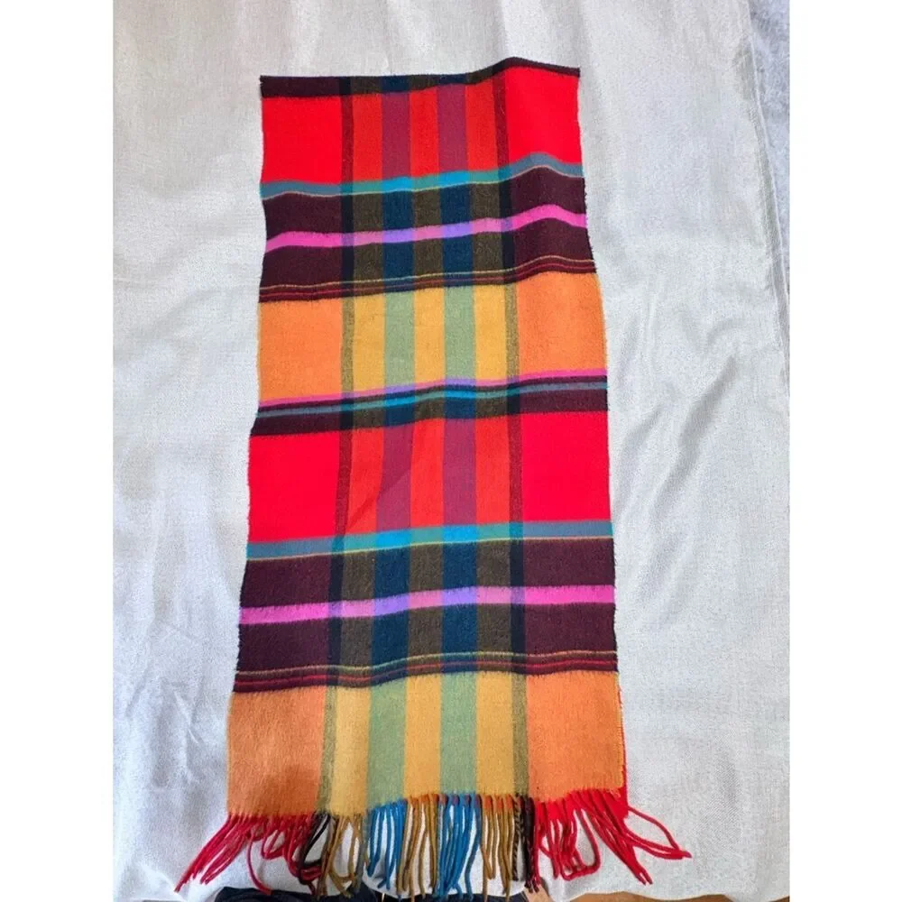 Bright Plaid Fringe Scarf Multicolor Tartan 15”x64”